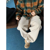 BONSIR  -  Beige woolen pants loose bf lazy style American retro thickened sweatpants men's loose straight wide-leg pants