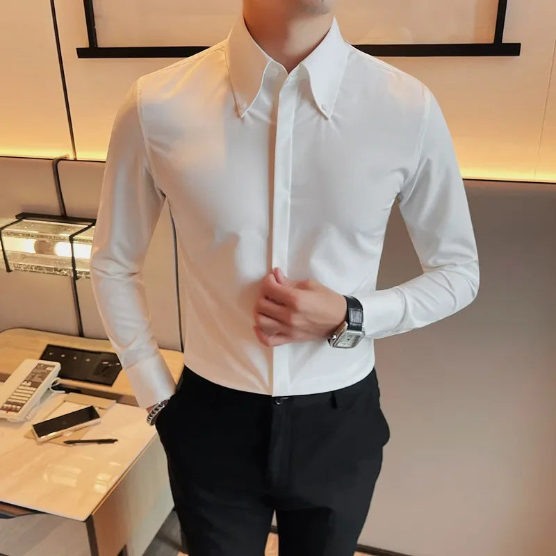 Bonsir Autumn High-End Solid Concealed Button Shirts Men Big Collar Design Long Sleeve Slim Business Casual Social Tuxedo Shirt