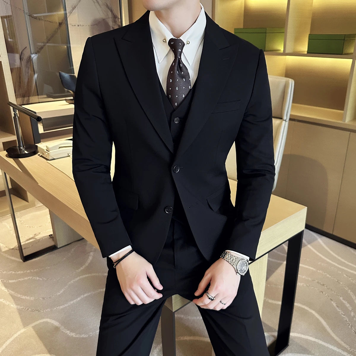 Bonsir (Jacket + Vest + Pant) Men's Formal Slim Fit Business Work Wedding Stage Tuxedo Fashion Best Men Social Dress Suit 3 Pieces Set