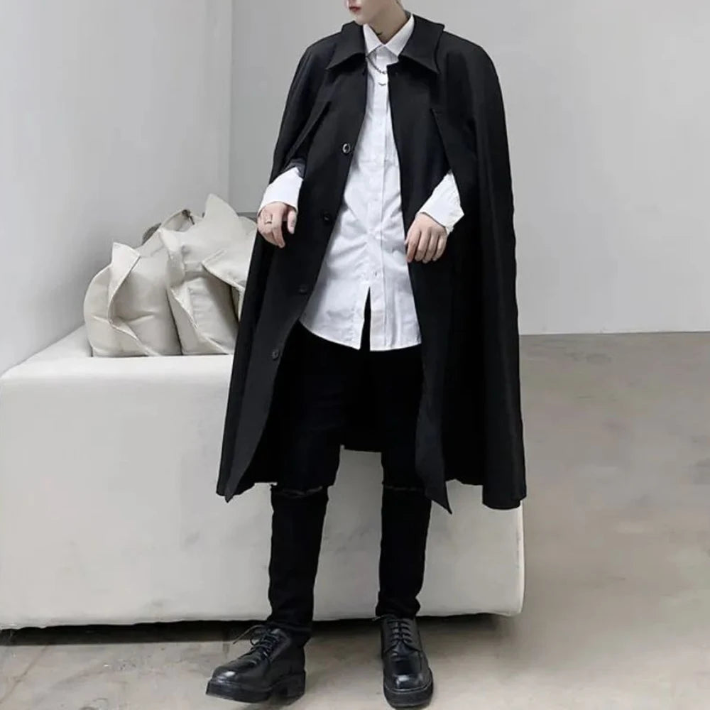 Bonsir Mens Dark Style Sleeveless Mid-Length Cape Cloak Autumn And Winter Genderless Japanese Fashion Retro Loose Cape Coat Unisex