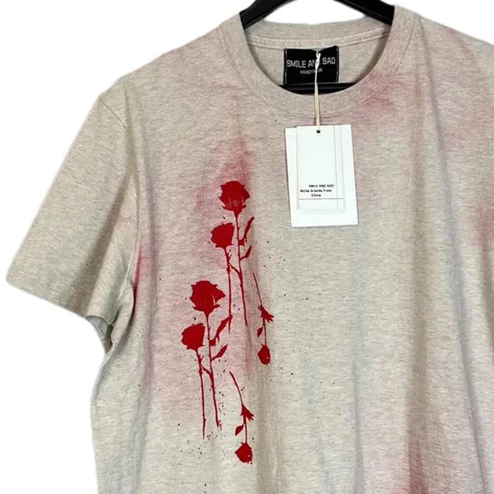 Bonsir 2024 Summer New Men's T-shirt Abstract Hand-painted Spray Paint Rose Silhouette Basic Loose Casual Short-sleeved