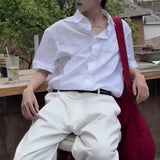 BONSIR  -  College Style Youth Wear Short-Sleeved Shirt Men 2025 Summer New Fashion High-End Handsome Casual Solid Color Y2k White Shirt