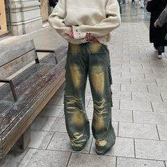 Bonsir Y2k Hip Hop Retro Streetwear Mens Jeans Distressed Faded Washed Oversized Pockets Loose Cargo Pants High Street Wide Leg Pants