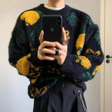 BONSIR  -  Korean style knitted pullover sweater men's trendy pineapple jacquard round neck top casual loose lazy style men's clothing