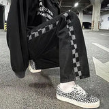 Bonsir Men and women hip-hop street trend straight leg personalized plaid design elastic waist tied jeans retro loose casual pants y2k