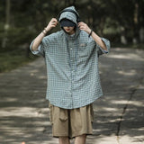 BONSIR  -  Men's Plaid Shirt Hooded Half Sleeved Fashionable Top Japanese Casual Single Breasted Short Sleeved Male Coat
