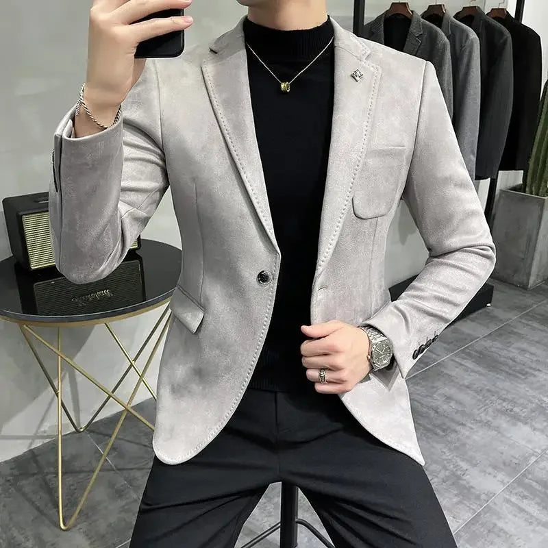 Bonsir Autumn Winter Velvet Blazers Jacket Men Business Slim Fit Casual Suit Coat High Quality Deerskin Fashion Men Suit Jacket