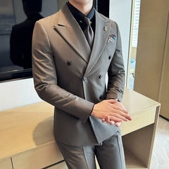 Bonsir (Jackets+Pants+Vest) Luxury Stripe Men Suit High Quality Double Breasted Elegant Fashion Tuxedo Formal Groom Wedding Social Suit