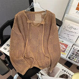 BONSIR  -  Men V-neck Long Sleeve Knit Shirts Loose Elastic Hollow knit Sweater T-shirt Slightly Transparent Knitted Sweaters Streetwear