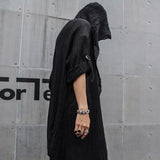 Bonsir Nightclub DJ Singer Punk Rock Hip Hop Long Shirt Black Hooded Cloak Cardigan Men Pleated Woven Cotton Blouse Gothic Vintage