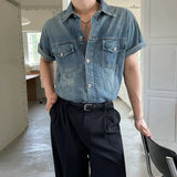 BONSIR  -  Retro washed denim shirt men's summer loose casual short-sleeved shirt Korean commuter half-sleeved top