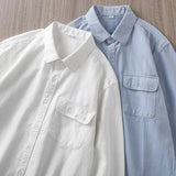 BONSIR  -  Men's Long Sleeved Solid Color Shirt American Retro Male Thin Coat Pocket Decoration Spring Autumn Casual Loose Top