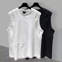 Bonsir Fake Two-Piece Ripped Sleeveless T-Shirt For Men 2024 Summer New Large Size Sports Fitness Gym Casual Loose Waistcoat Vest