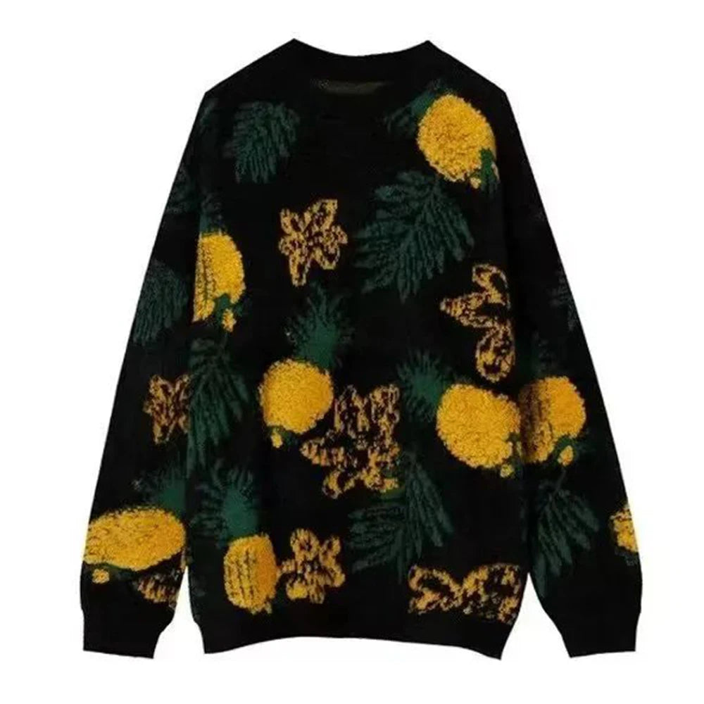 Bonsir Mens Autumn Winter Y2k Pineapple Jacquard Knitted Sweater Genderless Fashion Trend Casual Loose Lazy Style Couple Sweater Unisex