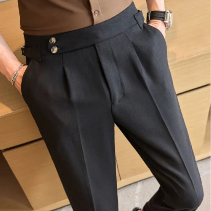 Bonsir British Style Naples Men's High-end Linen Pants High Waist Straight Slim Fit Casual Trousers High Quality Solid Social Suit Pant