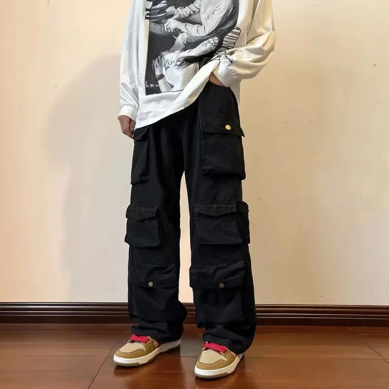 Bonsir Y2k  Hip-hop Cargo Pants Multi-pockets Tooling Pant Harajuku Men's Vintage Loose Wide Leg Pants Streetwear Casual Trousers