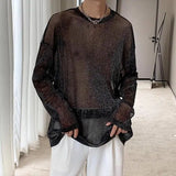 BONSIR  -  Man T-shirt Sheer Mesh Round Neck Long Sleeve Sexy Men's Clothing Tops Out Streetwear Party Thin Style Clothes