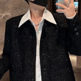 Bonsir Mens Y2k Jacket Starry Sky Shiny Jacket Streetwear Fashion Trend Performance Youth Campus Long Sleeve Top Men'S Clothing