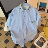 BONSIR  -  Striped Embroidery Men's Short Sleeved Shirt Loose Casual Lapel Male Blouse Summer Thin Japanese Versatile Top
