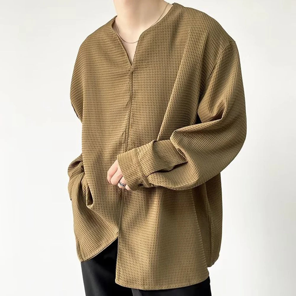 Bonsir 2024 Autumn Retro Temperament Waffle Pullover V-neck Shirt Men's Long-Sleeved Light  Wind Ins Loose Korean Trend Shirt