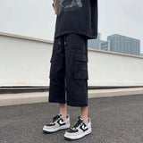 BONSIR  -  Summer Casual Pants Men Fashion Pocket Cargo Pants Men Japanese Streetwear Hip-hop Loose Wide Leg Pants Mens Cropped Pants