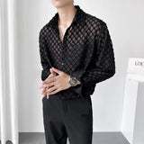 Bonsir Sexy Translucent Hollow Plaid Shirt Korean Fashion Loose Casual Long Sleeve Shirt Male Dress Shirts Tops Stage Clothes