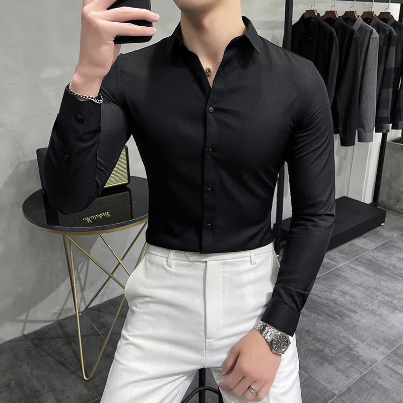 Bonsir Plus Size 7XL-M High Quality Men Dress Shirt Spring Long Sleeve Solid Business Slim Shirts Homme Dress Social Casual Shirt