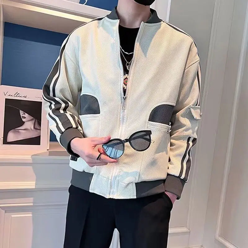 Bonsir Splicing Striped Male Baseball Coats Zip V Men's Bomber Jackets Trendy Cheap Sale Joker New in Korean Reviews Many Deals Cold