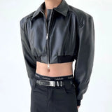 Bonsir Autumn Product Design Sense Lgbt Sexy Navel Exposed Fashion High Street High Waist Double Zipper Wide Shoulder Leather Jacket