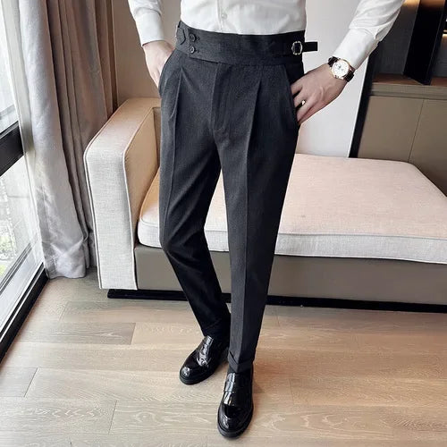 Bonsir Autumn Winter High Waist Business Dress Pants Men Casual Belt Design Slim Suit Pants Formal Wedding Social Party Male Trousers