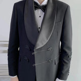 Bonsir Formal Wedding Groom Tuxedo With Chinese Knot Black Shawl Lapel Men Suits Double Breasted Slim Fit Blazer 2 Pcs (Jacket + Pants)