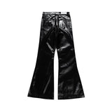 Bonsir High Street Wide Leg Glossy Pu Leather Pants Sashes Boot Cut Men and Wome Straight Baggy Casual Jeans Oversized Flared Trousers