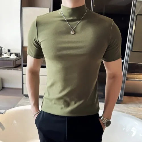 Bonsir Autumn Winter Men's Half High Neck Short Sleeve T-shirt Korean Slim Fit Solid Color Bottom Shirt Casual Cotton Elastic T-shirts