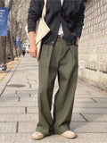 BONSIR  -  American Sle Cotton Linen Workwear Pants Men Loose Straight Leg Floor Length f Elastic Buttoned Linen Breathable Suit