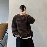 BONSIR  -  large-size men's autumn and winter Japanese retro striped velvet thickened American round neck pullover sweatshirt