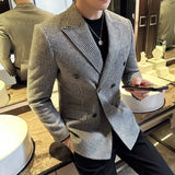 Bonsir British Style Men Double Breasted Slim Fit Blazer New Houndstooth Slim Fit Suit Jacket Formal Business Wedding Dress Jacket