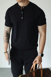 BONSIR  -  New Fashion American Style Men T-shirt Light Luxury Knitted Henry Collar Tees Casual Solid Color Short Sleeve Breathable Tops