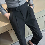 Bonsir British Style Men High Waist Casual Dress Pant Men Belt Design Slim Trousers Formal Office Social Wedding Party Dress Suit Pants