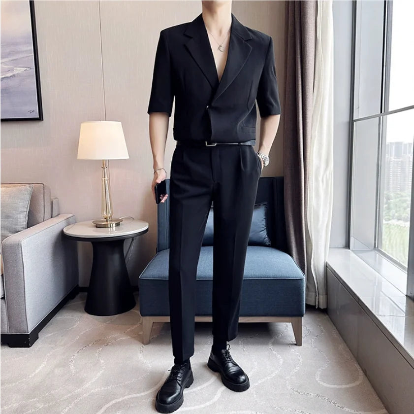 Bonsir Summer Fashion Half Sleeve Suit Men Side Buckle Design Casual Simple Solid Color Loose Suits Homme (Jacket + Pants+Belt)