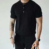BONSIR  -  New Fashion American Style Men T-shirt Light Luxury Knitted Henry Collar Tees Casual Solid Color Short Sleeve Breathable Tops