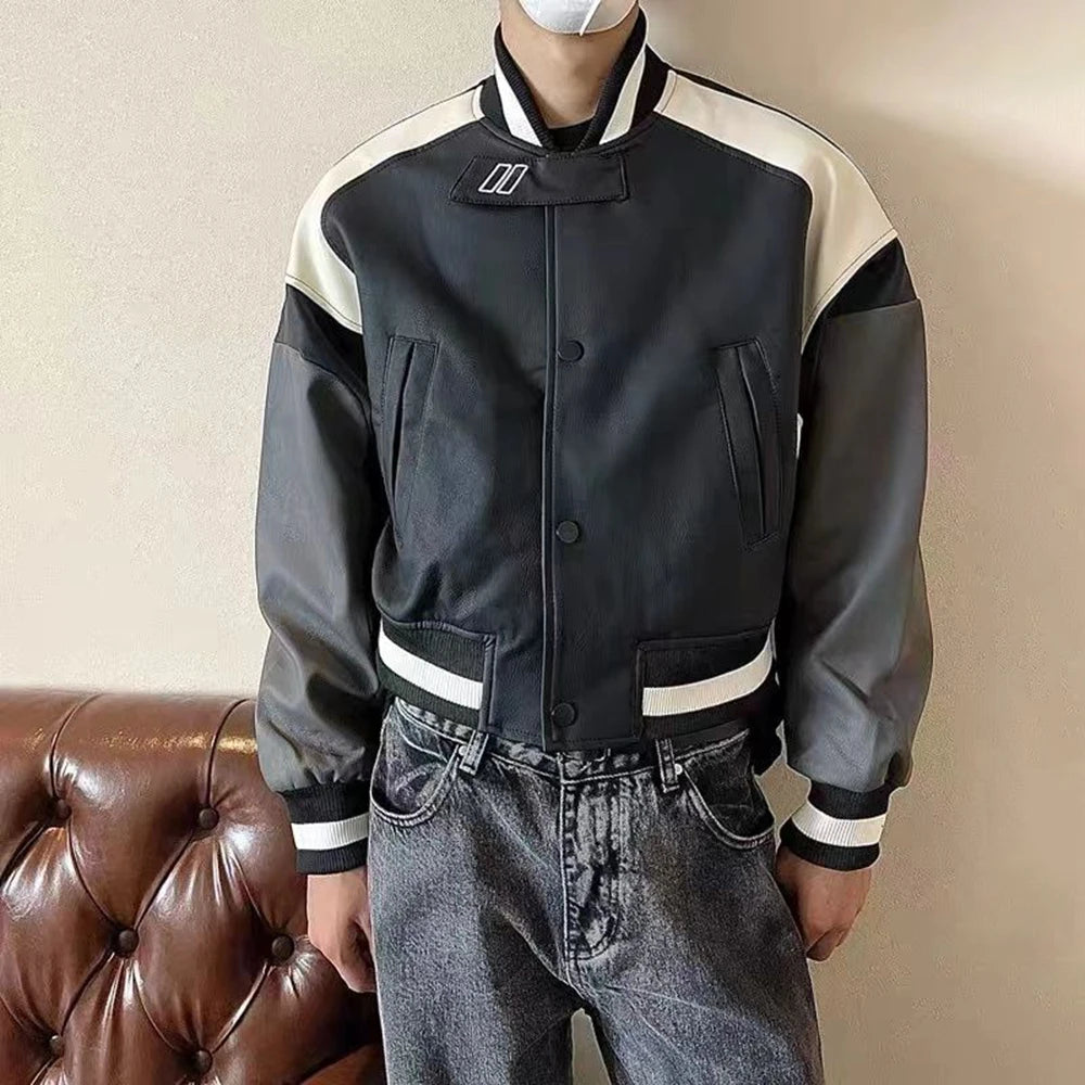 Bonsir New Autumn And Winter Niche Stitching Design High-Grade Leather Jacket American Retro High Street Fashion Casual Y2k Jacket Men