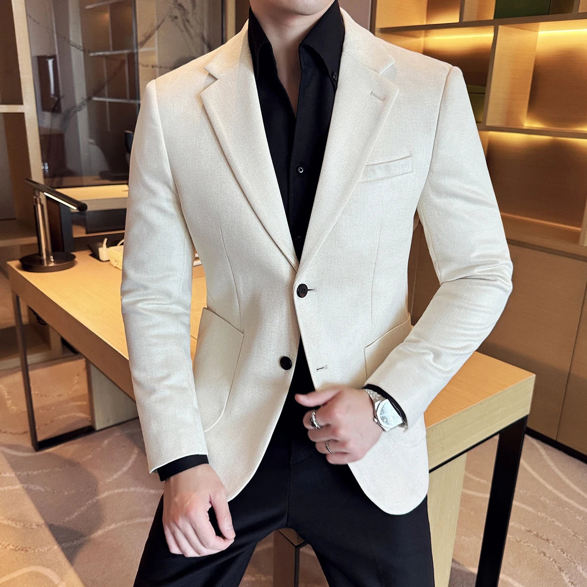 Bonsir Vintage Suede Line Striped Fashion Suit Jacket New High-end Luxury Business Office Slim Fit Social Wedding Party Dress Coat