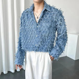 Bonsir Men's Autumn Tassel Feather See-Through Sexy Shirt New Trendy Nightclub Style Loose Lapel Long-Sleeved Simple Solid Shirt