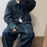 BONSIR  -  autumn new loose couple style retro green plaid long-sleeved shirt jacket men