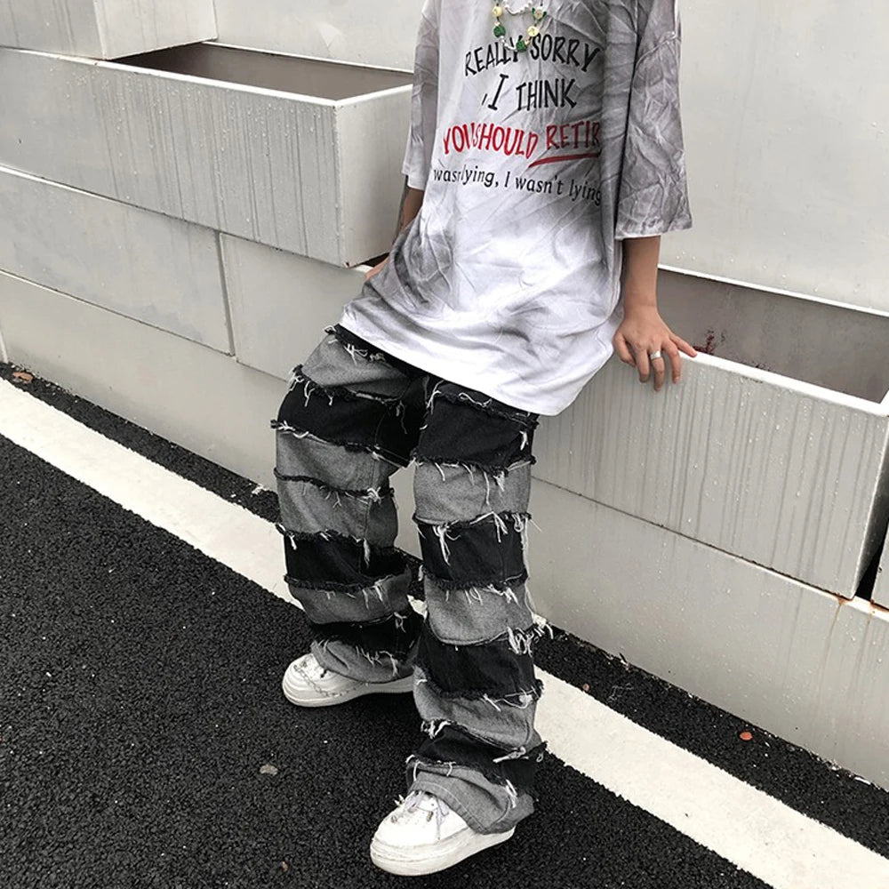 Bonsir Grunge Clothes Ripped Jeans Men Streetwear Casual New Fashion Trousers Wide Leg Street Autumn Winter Punk Distressed Denim Pants