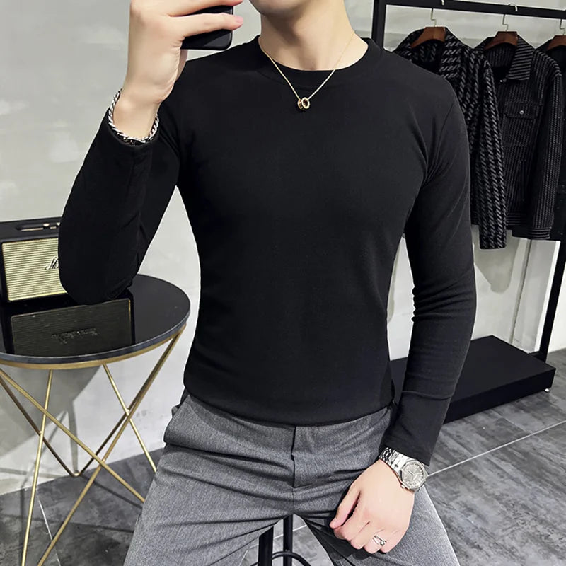 Bonsir Autumn Winter Thickened Round Neck Long Sleeved T-Shirt 2022 Korean Tops Fashion Men's Slim Double Faced Velvet Bottomed T shirt