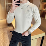 Bonsir Ink Painting Printed T-shirt Men's Autumn Winter Half High Collar Velvet Slim Fit Long Sleeve Tee Warm Casual Base Inner TShirts