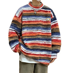 Bonsir Men's Colors Striped Sweater Oversize Knitted Long Sleeve Pullovers Autumn Winter Knitwear Clothing Casaul Jumper for Man