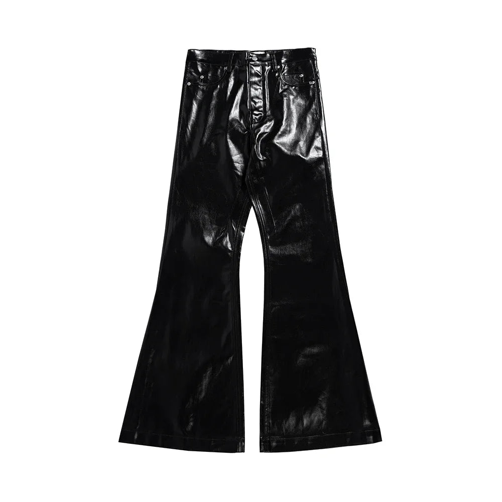 Bonsir High Street Wide Leg Glossy Pu Leather Pants Sashes Boot Cut Men and Wome Straight Baggy Casual Jeans Oversized Flared Trousers