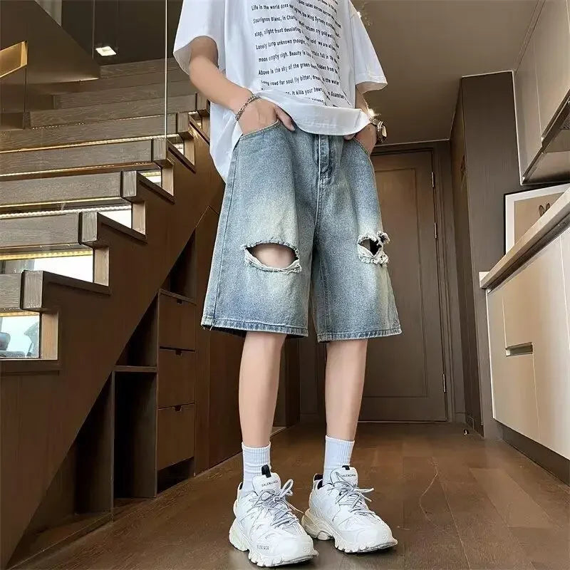 Bonsir American Style Ripped Men's Summer Thin Midwaist Versatile Loose-fit Straight-leg Denim Shorts Five-fourths Shorts